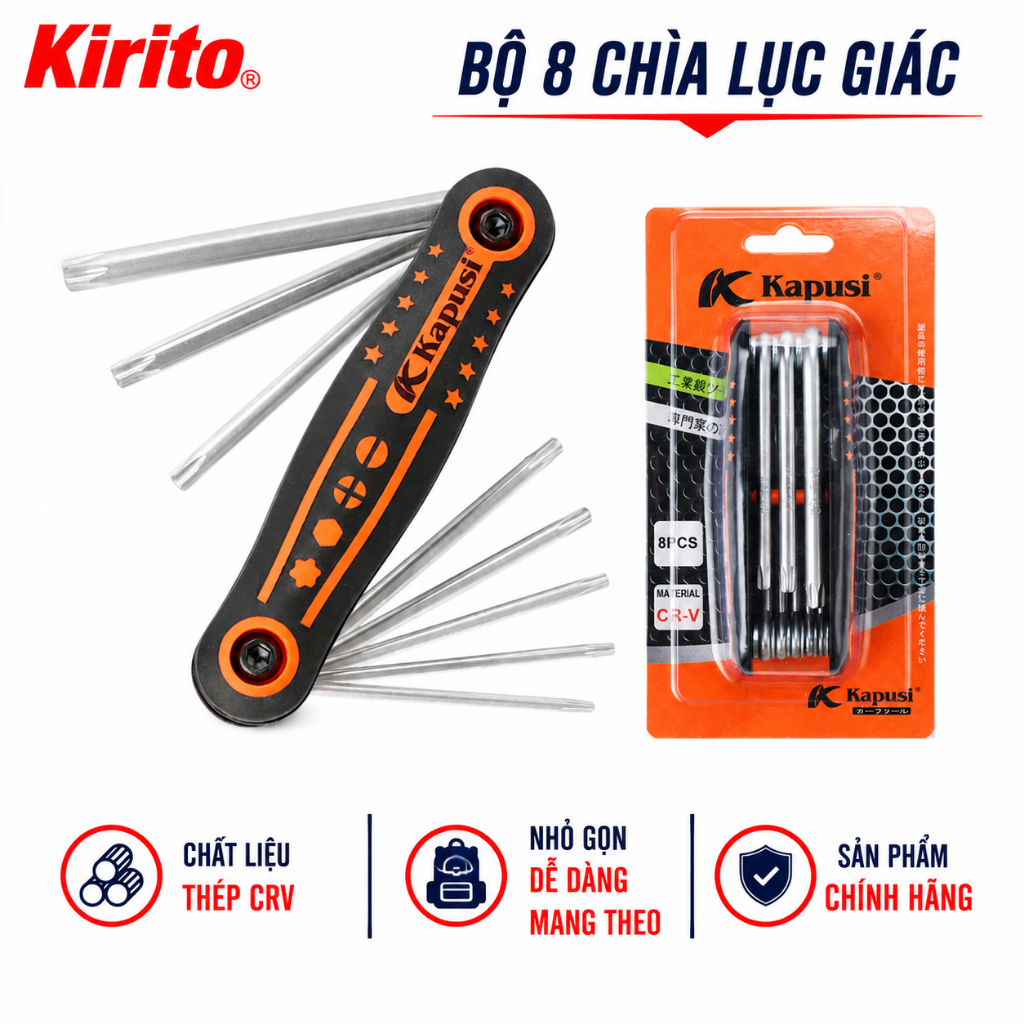 Bộ 8 Chìa Lục Giác Hoa Thị Kapusi Gập Gọn, Thép CR-V Mạ Chrome Chống Gỉ, Chịu Nhiệt Cao