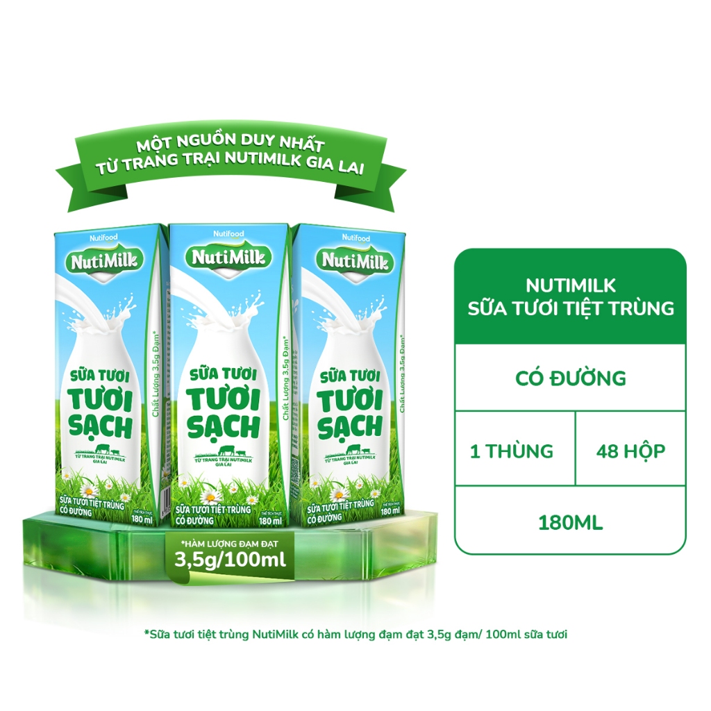 Thùng 48 Hộp Sữa Tươi Tươi Sạch NutiMilk Có Đường 180ml