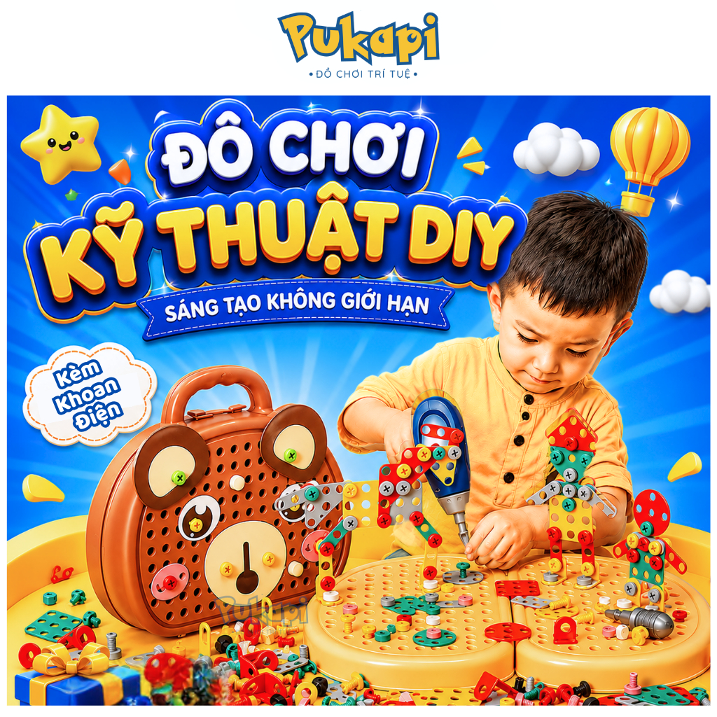 Bộ Đồ Chơi Kỹ Sư Lắp Ráp Hình Gấu Vali Kĩ Sư Gấu Vặn Óc Vít Kèm Khoan Điện Đồ Chơi Cho Bé Trai - Đồ Chơi Cho Bé PUKAPI