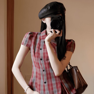 Set đồ nữ áo sơ mi cộc tay cổ bẻ dáng peplum và chân váy chữ A họa tiết kẻ sọc caro vintage phong cách Hàn Quốc