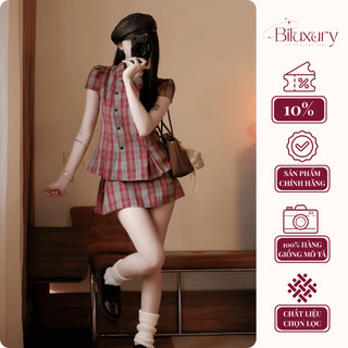 Set đồ nữ áo sơ mi cộc tay cổ bẻ dáng peplum và chân váy chữ A họa tiết kẻ sọc caro vintage phong cách Hàn Quốc