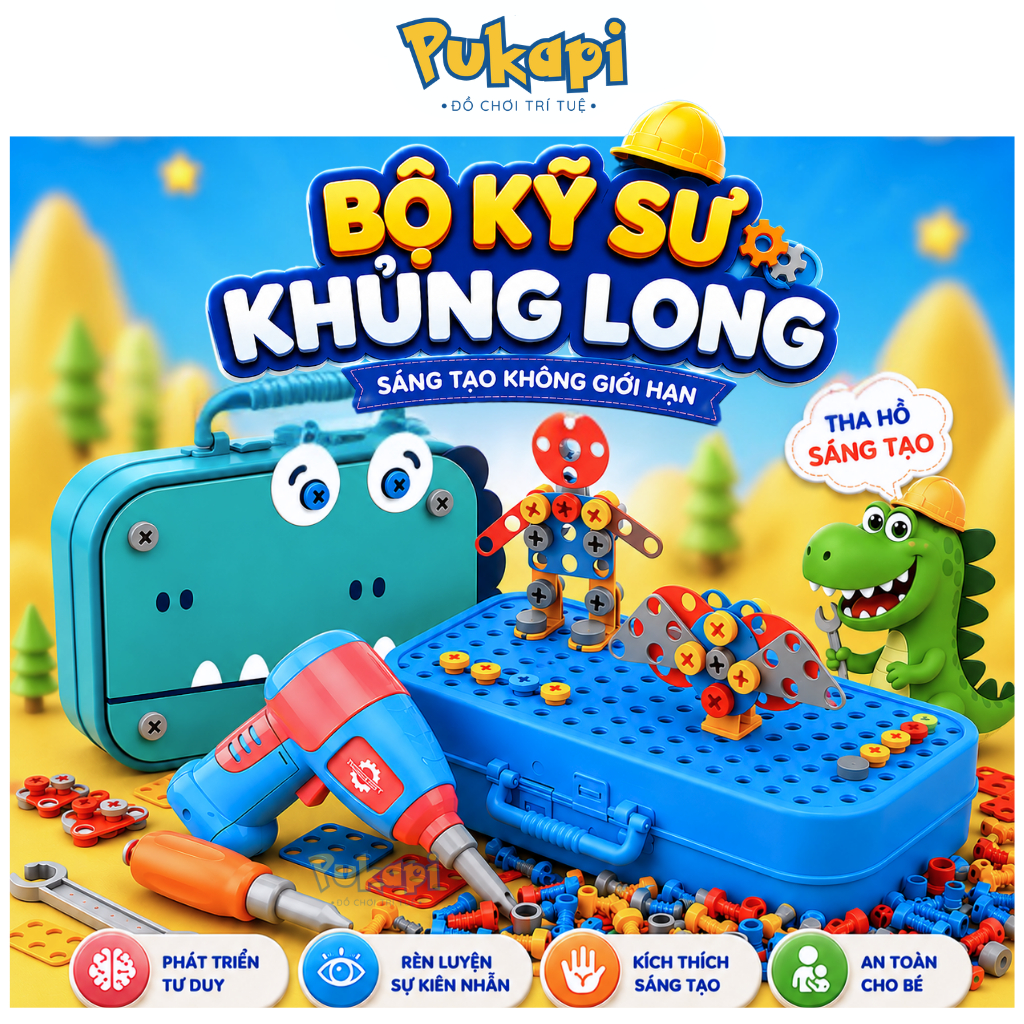 Đồ Chơi Kĩ Sư Lắp Ráp Đồ Chơi Vặn Ốc Vít Kèm Khoan Khủng Long Phi Hành Gia Bộ DIY Kĩ Thuật -Đồ Chơi Cho Bé PUKAPI