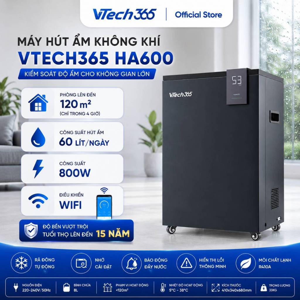 Máy Hút Ẩm Không Khí VTech365 HA600, điều khiển Wifi, công suất lớn, phòng 120m2