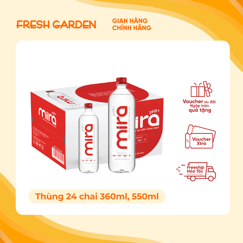 Thùng 360ml 550ml 24 chai Nước uống ion kiềm Mira pH9+