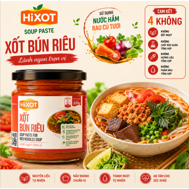 Sốt Gia Vị Bún Riêu HiXOT hũ 220gram, nấu bún riêu cua/ tôm, lẩu riêu