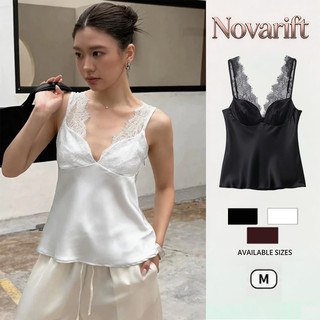 Nova-Tank Top Nữ cổ chữ V sâu, ren viền mỏng satin, thời trang mùa hè
