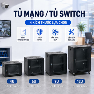 Tủ Mạng Treo Tường 4U/6U/9U/12U 19 Inch – Kính Cường Lực 3C, Thép SPCC, Có Khóa, Dễ Lắp Đặt