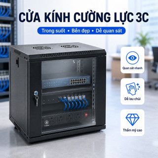 Tủ Mạng Treo Tường 4U/6U/9U/12U 19 Inch – Kính Cường Lực 3C, Thép SPCC, Có Khóa, Dễ Lắp Đặt