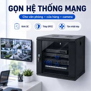 Tủ Mạng Treo Tường 4U/6U/9U/12U 19 Inch – Kính Cường Lực 3C, Thép SPCC, Có Khóa, Dễ Lắp Đặt