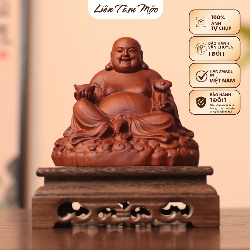 Tượng Phật Di Lặc Cầm Thỏi Vàng Gỗ Hương cao 13cm - Tượng Gỗ Để Xe Ô Tô Bàn Làm Việc Phong Thủy Chiêu Tài Lộc Bình An