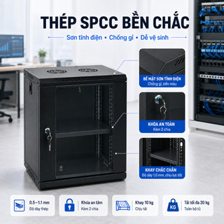 Tủ Mạng Treo Tường 4U/6U/9U/12U 19 Inch – Kính Cường Lực 3C, Thép SPCC, Có Khóa, Dễ Lắp Đặt