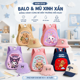 Combo Balo Và Mũ Cho Bé 2- 6 Tuổi, Balo Mầm Non Siêu Nhẹ Chống Thấm Nước Kèm Mũ Thời Trang Cho Bé Trai/Gái