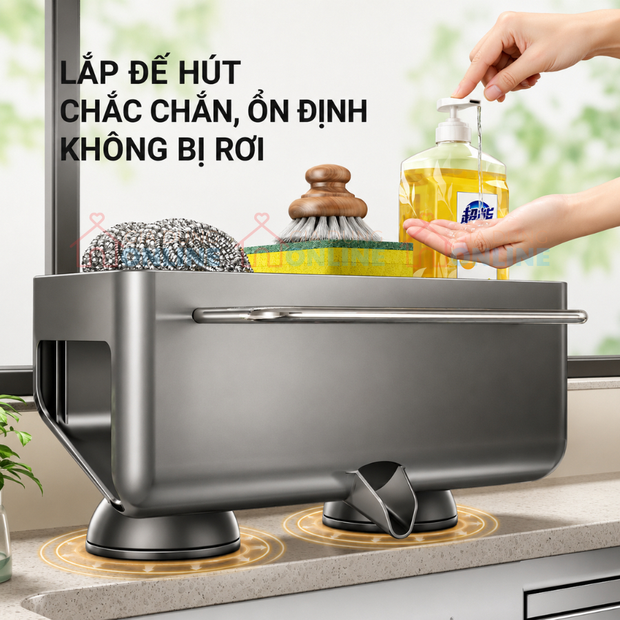 Khay đựng dụng cụ rửa chén để bồn có thoát nước, đế hút chân không, thanh treo khăn...