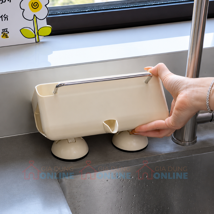 Khay đựng dụng cụ rửa chén để bồn có thoát nước, đế hút chân không, thanh treo khăn...
