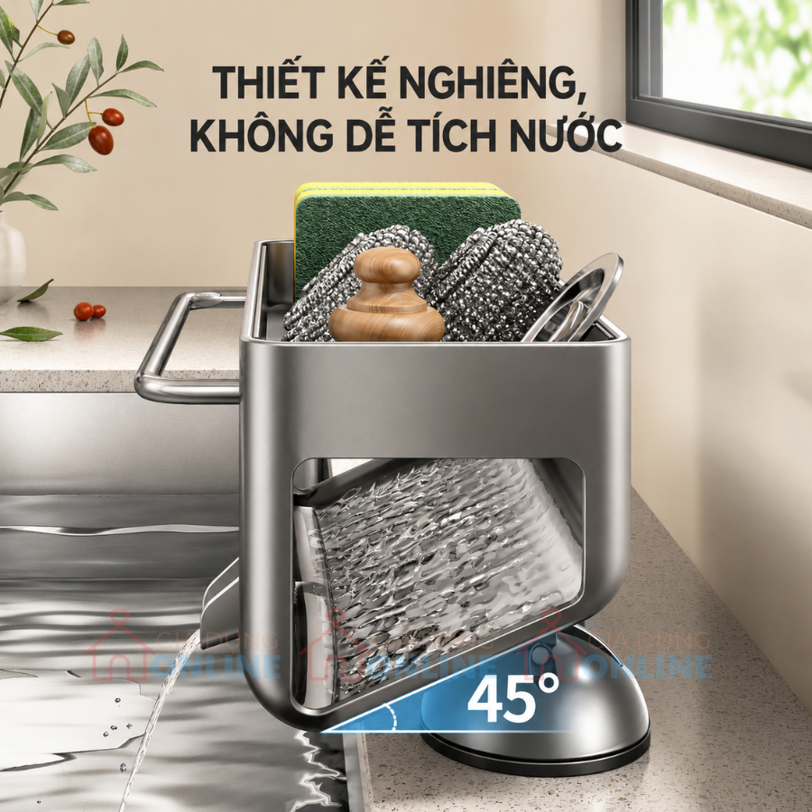 Khay đựng dụng cụ rửa chén để bồn có thoát nước, đế hút chân không, thanh treo khăn...