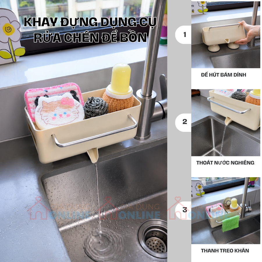 Khay đựng dụng cụ rửa chén để bồn có thoát nước, đế hút chân không, thanh treo khăn...