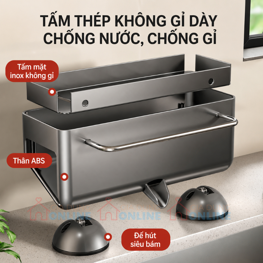 Khay đựng dụng cụ rửa chén để bồn có thoát nước, đế hút chân không, thanh treo khăn...