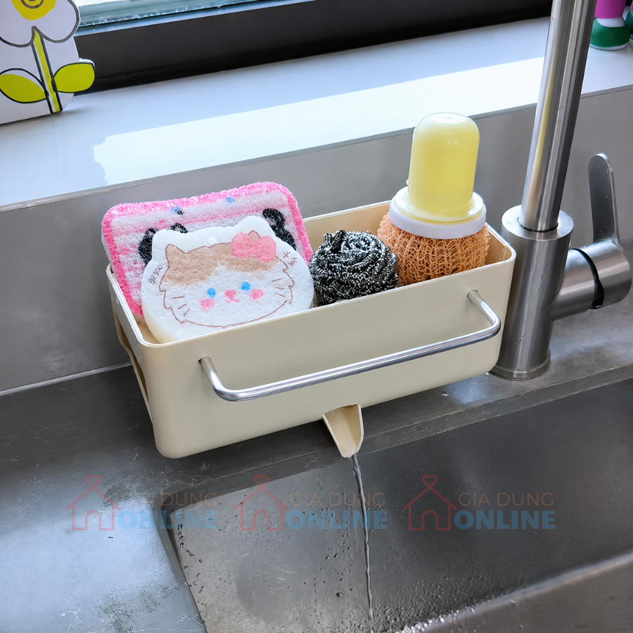 Khay đựng dụng cụ rửa chén để bồn có thoát nước, đế hút chân không, thanh treo khăn...