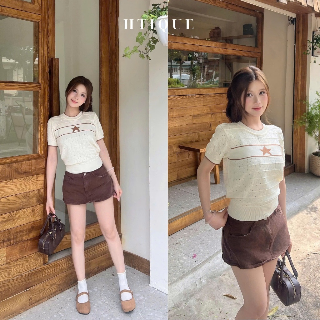 HTIQUE - Ra mắt Áo Len Dệt Kim Ngôi Sao Phối Viền Nâu, Áo len đục lỗ thoáng khí gam màu neutrol nữ tính AP09