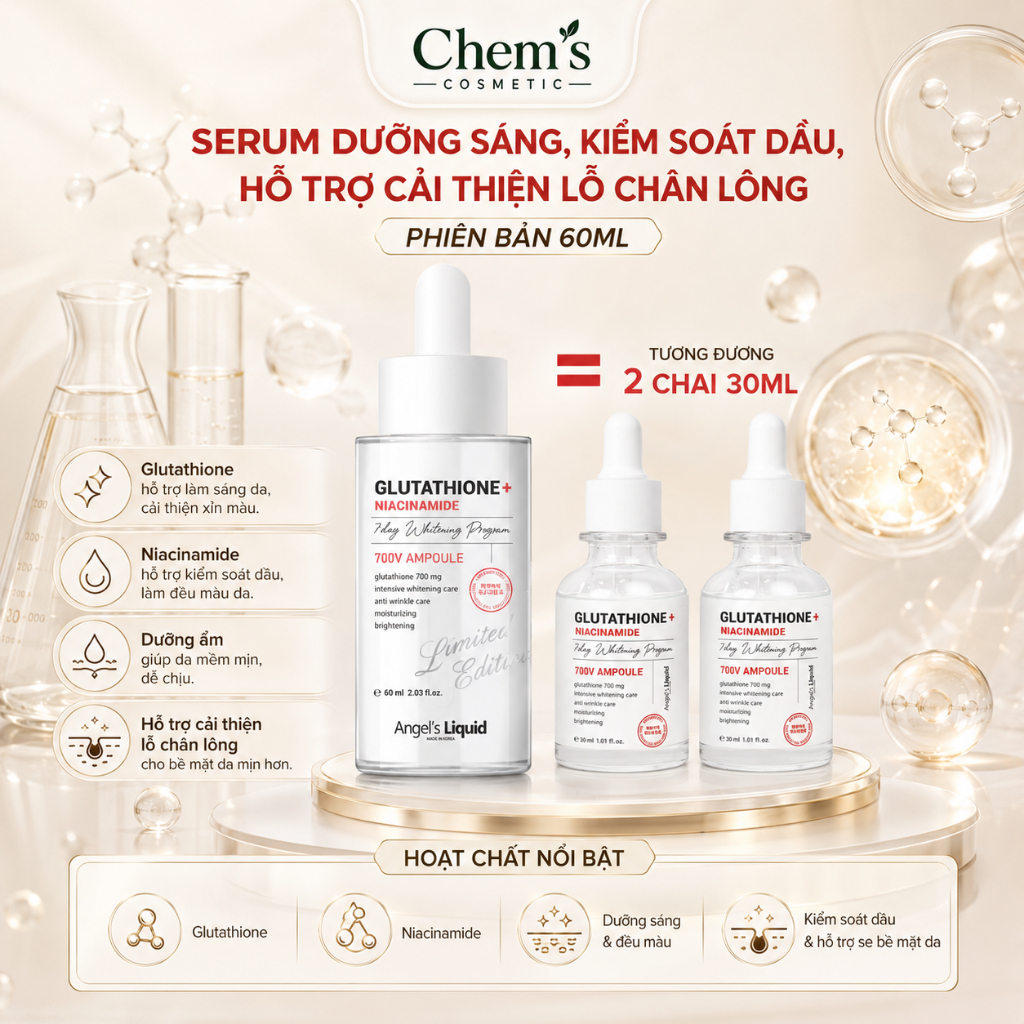 [PHIÊN BẢN 60ML] Serum Làm Trắng, Dưỡng Ẩm Và Làm Chậm Lão Hoá Da Glutathione 700mg + HA Angel's Liquid 7Day 60ml