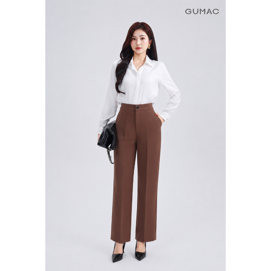 Quần Ống Suông Nữ 96cm GUMAC Quần Tây Công Sở Lưng Cao Vải Tuyết Mưa Cạp Cao Tôn Dáng LQF0415
