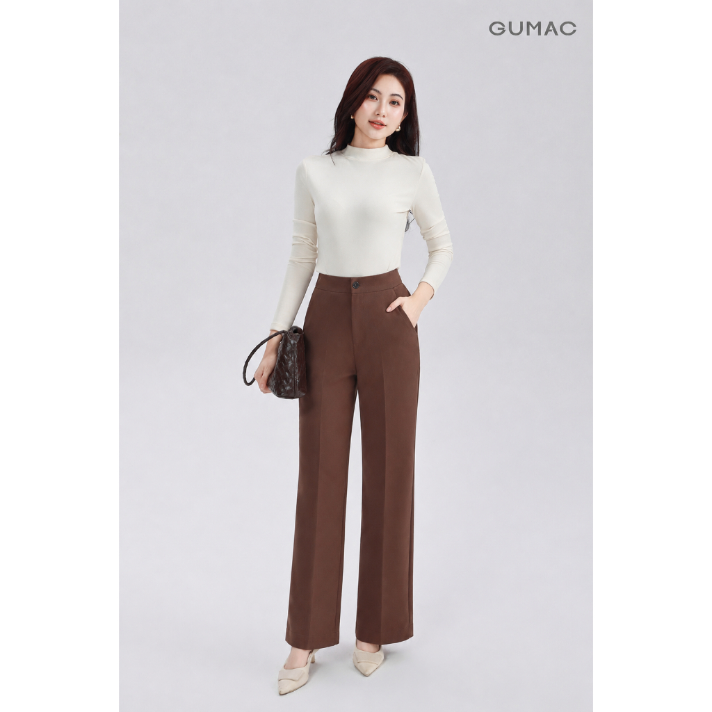 Quần Ống Suông Nữ 96cm GUMAC Quần Tây Công Sở Lưng Cao Vải Tuyết Mưa Cạp Cao Tôn Dáng LQF0415