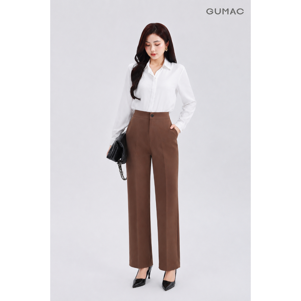 Quần Ống Suông Nữ 96cm GUMAC Quần Tây Công Sở Lưng Cao Vải Tuyết Mưa Cạp Cao Tôn Dáng LQF0415