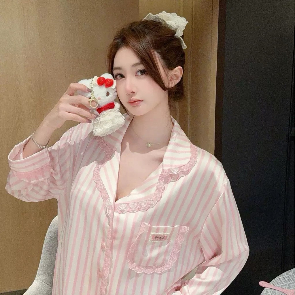 set bộ pijama lụa sọc hồng