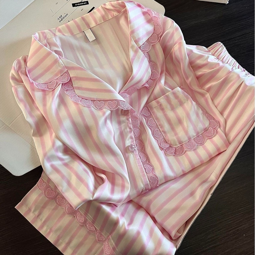set bộ pijama lụa sọc hồng