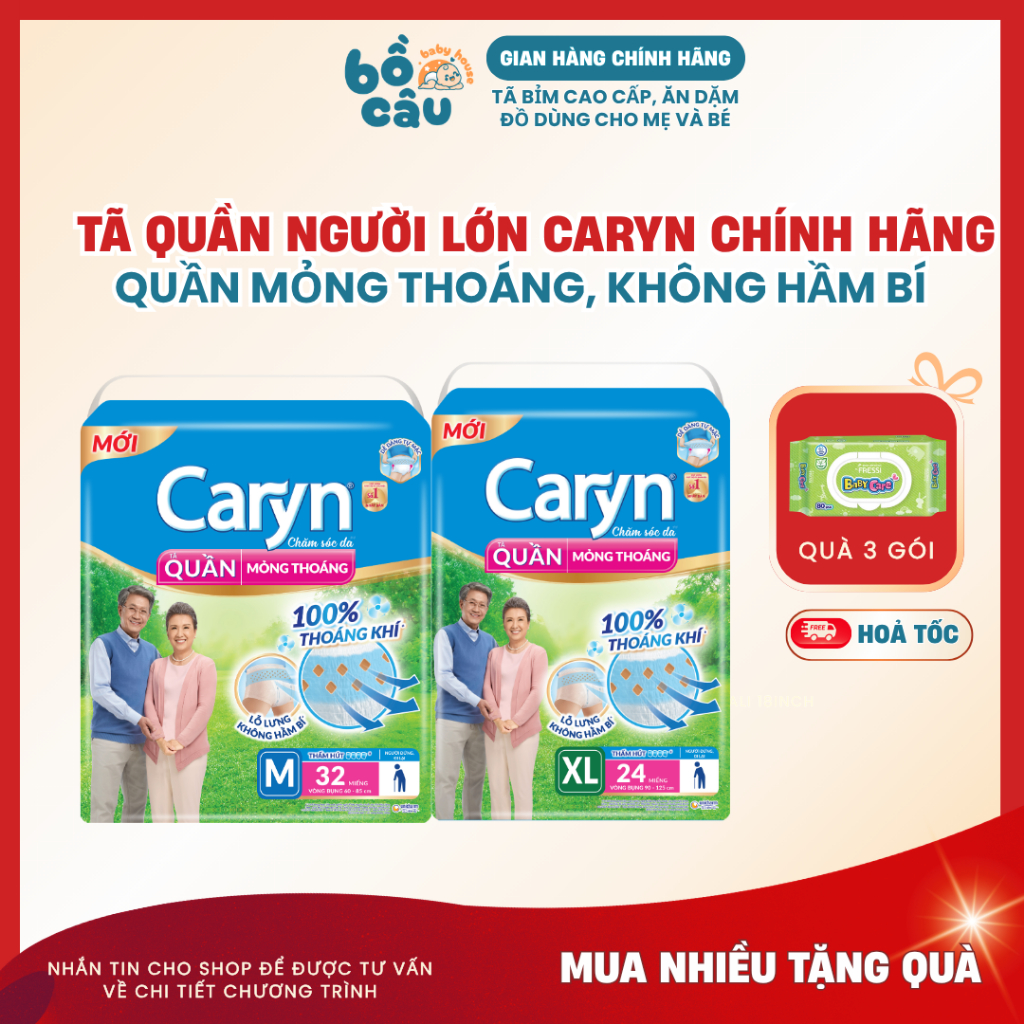 Tã Quần người già Caryn Nhật Bản cao cấp, siêu thấm bảo vệ da, gói lớn siêu tiết kiệm size M/L/XL