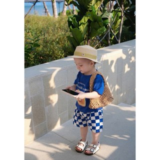 Set Đồ Bé Trai Áo Thun In Bánh Mì+Quần Short Caro Xanh Trắng, Bộ Quần Áo Bé Trai Cotton Mềm Mát A17