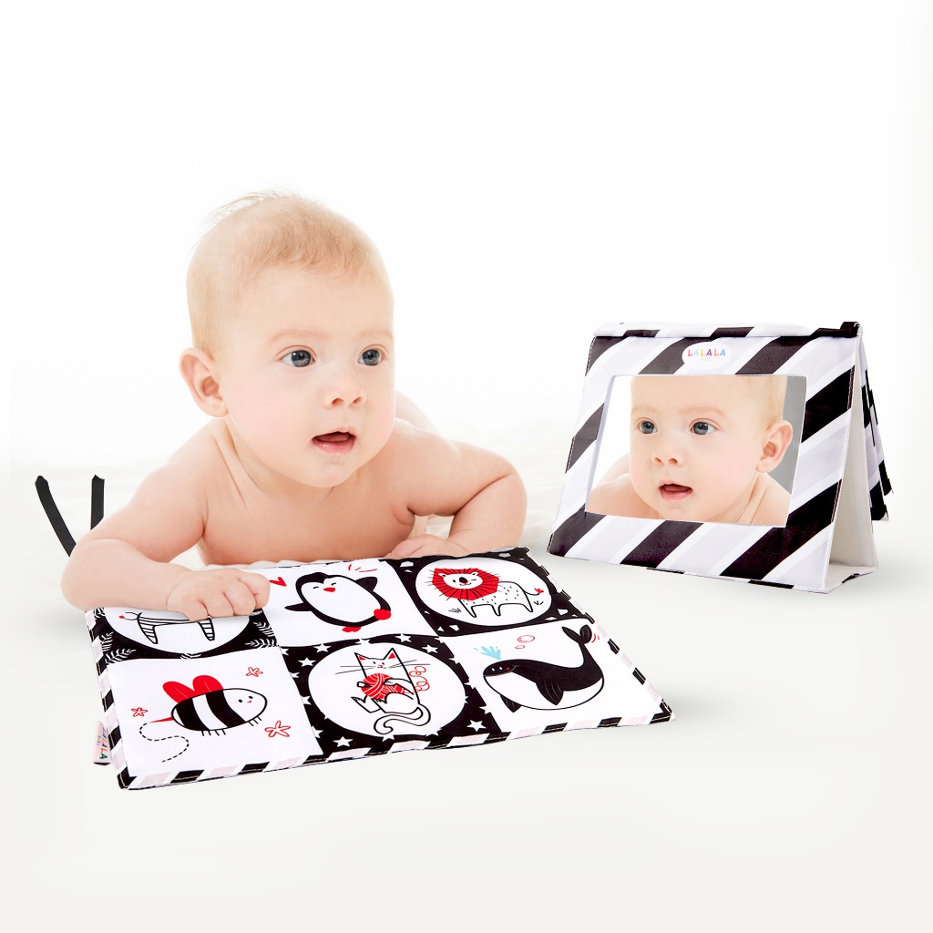 Sách vải có gương Tummy time lalala baby âm thanh sột soạt phát triển đa giác quan cho bé