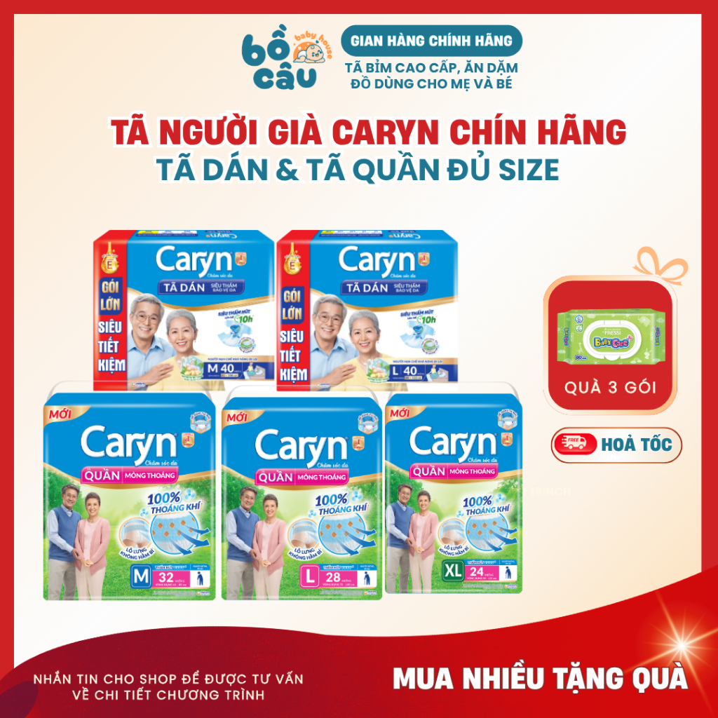 [Tã Người Lớn] Tã/Bỉm Dán/Quần Caryn Siêu Thấm Hút, Chống Tràn, Dùng Ngày và Đêm,Đủ Size M/L/XL