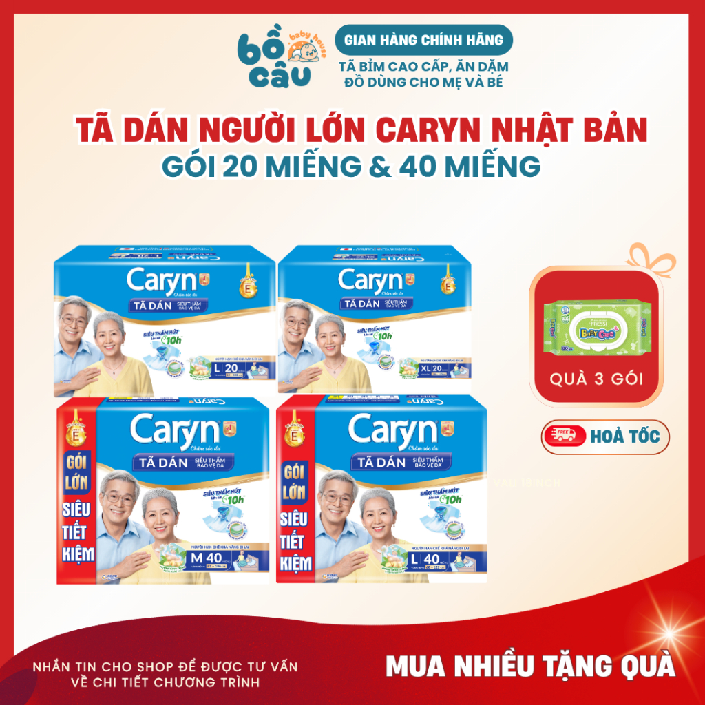 Tã Dán người già Caryn Nhật Bản cao cấp, siêu thấm bảo vệ da, gói lớn siêu tiết kiệm size M/L/XL