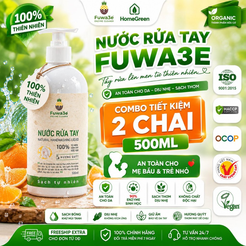 Nước Rửa Tay Hữu Cơ Fuwa3e 300ml Tinh Dầu Quýt Enzyme Sinh Học Làm Sạch Dịu Nhẹ An Toàn Cho Da Nhạy Cảm