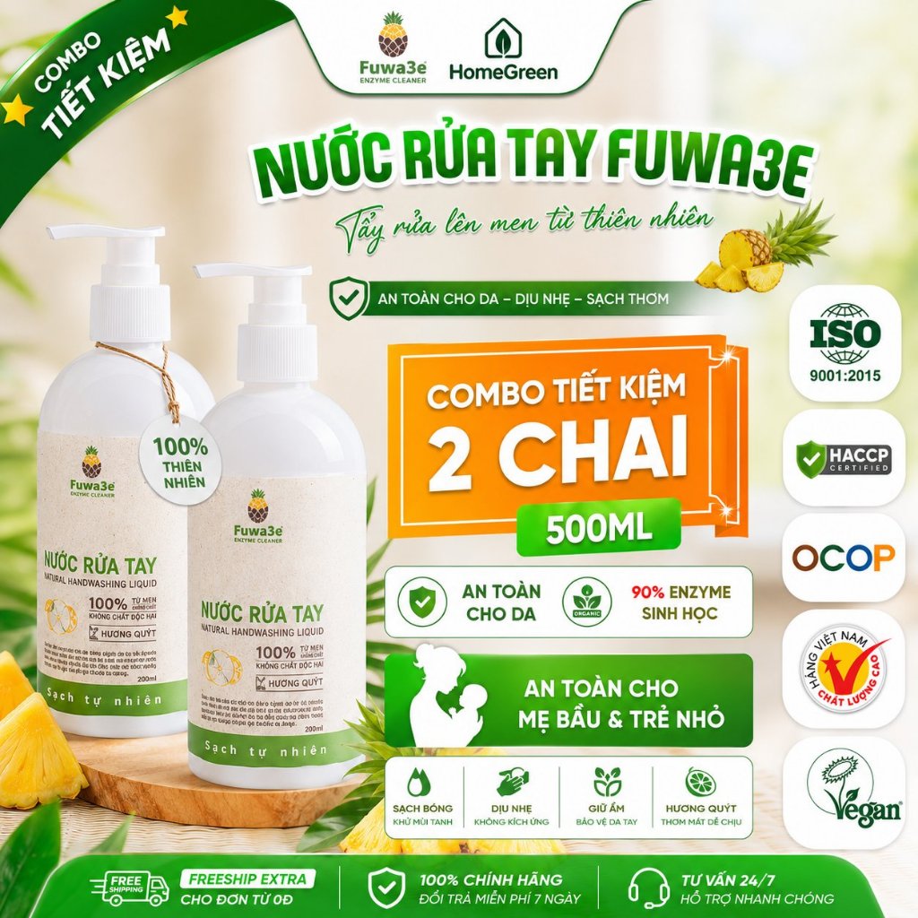 Nước Rửa Tay Hữu Cơ Fuwa3e 300ml Tinh Dầu Quýt Enzyme Sinh Học Làm Sạch Dịu Nhẹ An Toàn Cho Da Nhạy Cảm