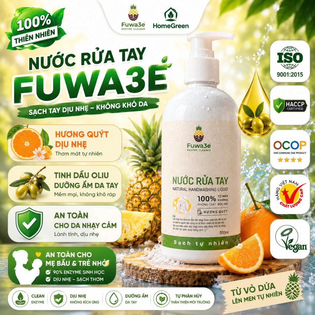 Nước rửa tay hữu cơ Fuwa3e tinh dầu quýt từ chế phẩm Enzyme sinh học an toàn cho mọi loại da 3.8l