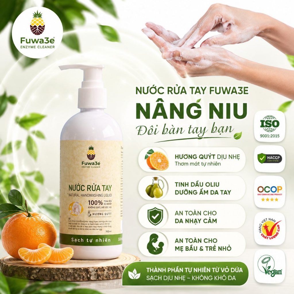 Nước Rửa Tay Hữu Cơ Fuwa3e 300ml Tinh Dầu Quýt Enzyme Sinh Học Làm Sạch Dịu Nhẹ An Toàn Cho Da Nhạy Cảm