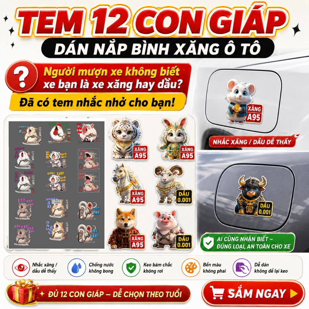 Tem sticker dán nắp bình xăng dầu ô tô xăng A95 và dầu diesel 0,001, sticker 12 con giáp trang trí ô tô xe hơi