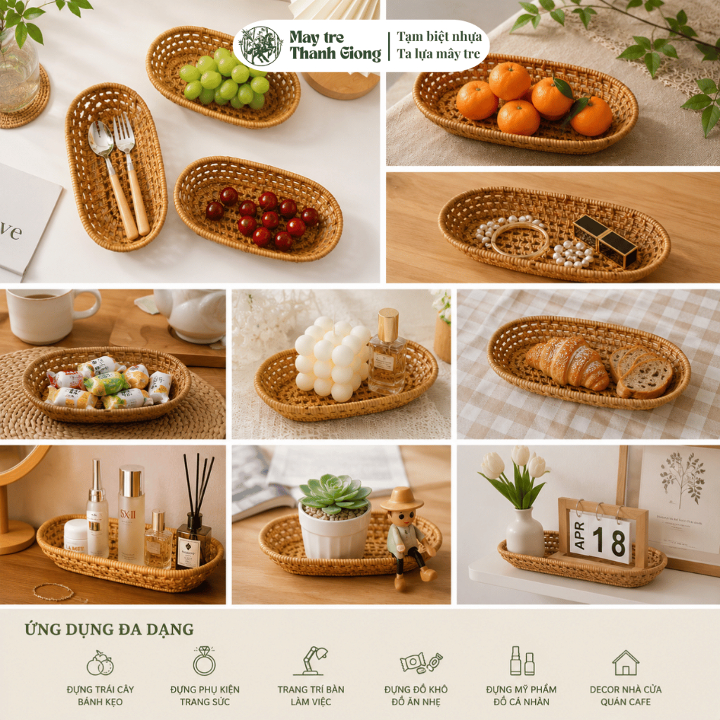Khay mây decor đựng bánh kẹo, hoa quả, trang trí bàn ăn