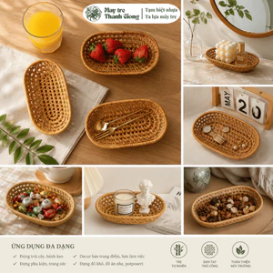 Khay mây decor đựng bánh kẹo, hoa quả, trang trí bàn ăn