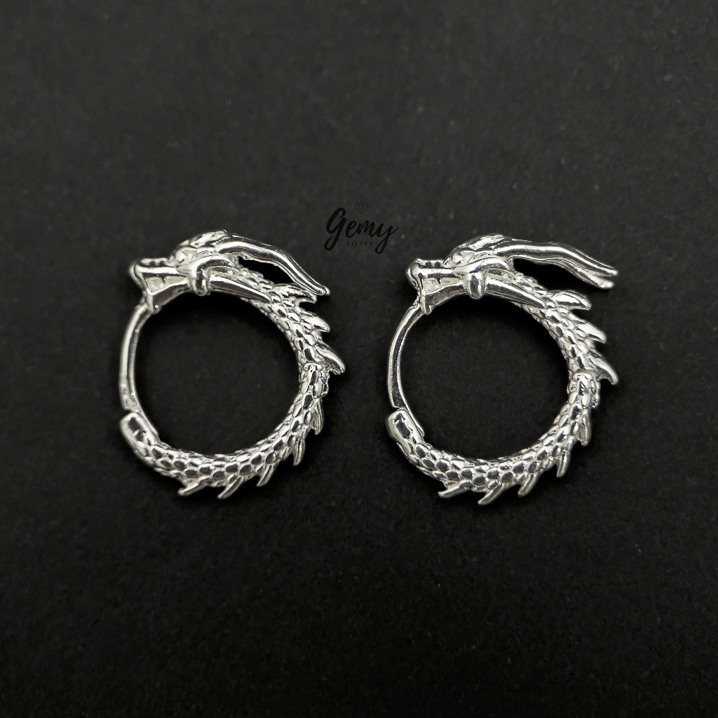 Khuyên tai tròn nam bạc 925 Dragon thiết kế chạm khắc hình rồng tỉ mỉ cực chất (1 chiếc) | GEMY SILVER KN126