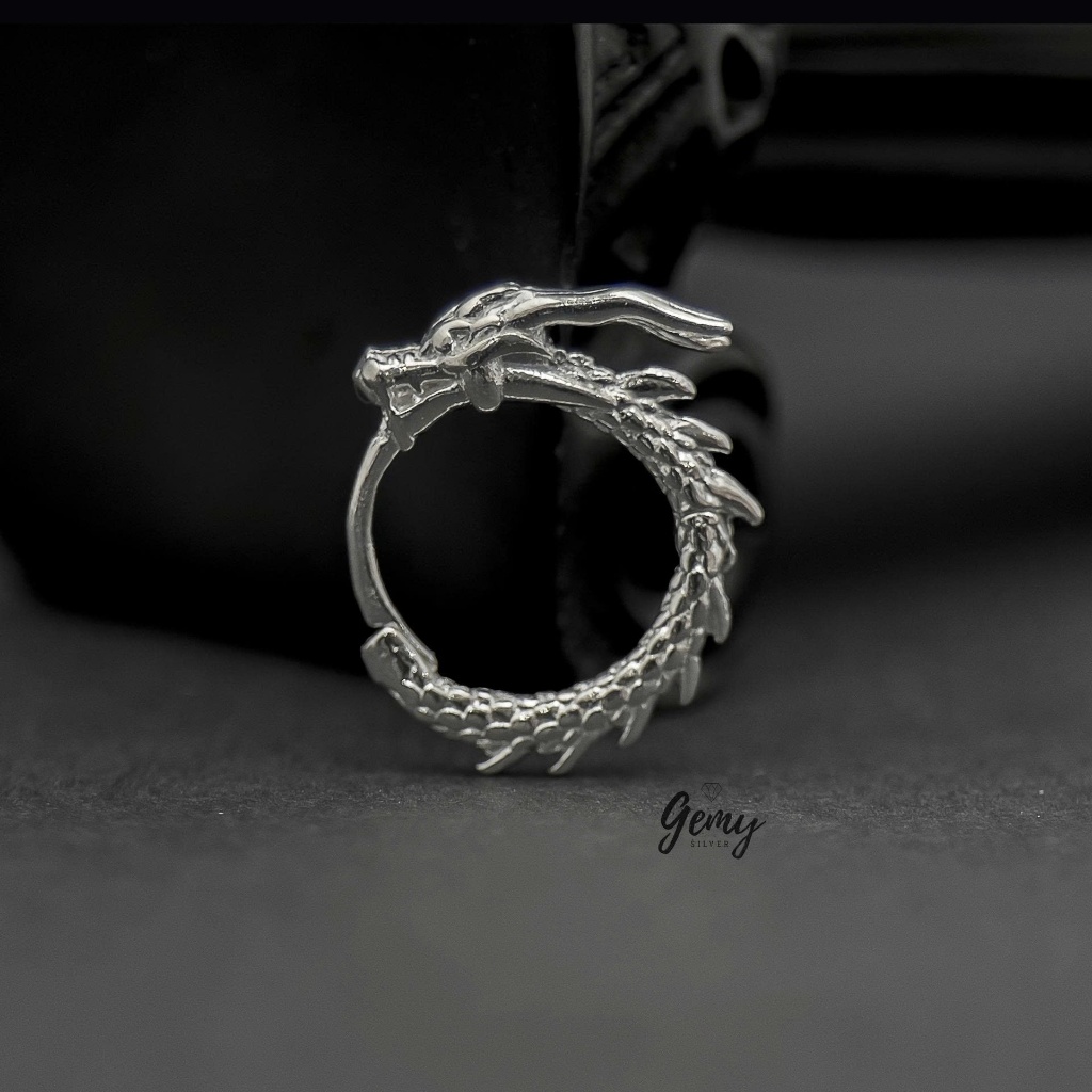 Khuyên tai tròn nam bạc 925 Dragon thiết kế chạm khắc hình rồng tỉ mỉ cực chất (1 chiếc) | GEMY SILVER KN126
