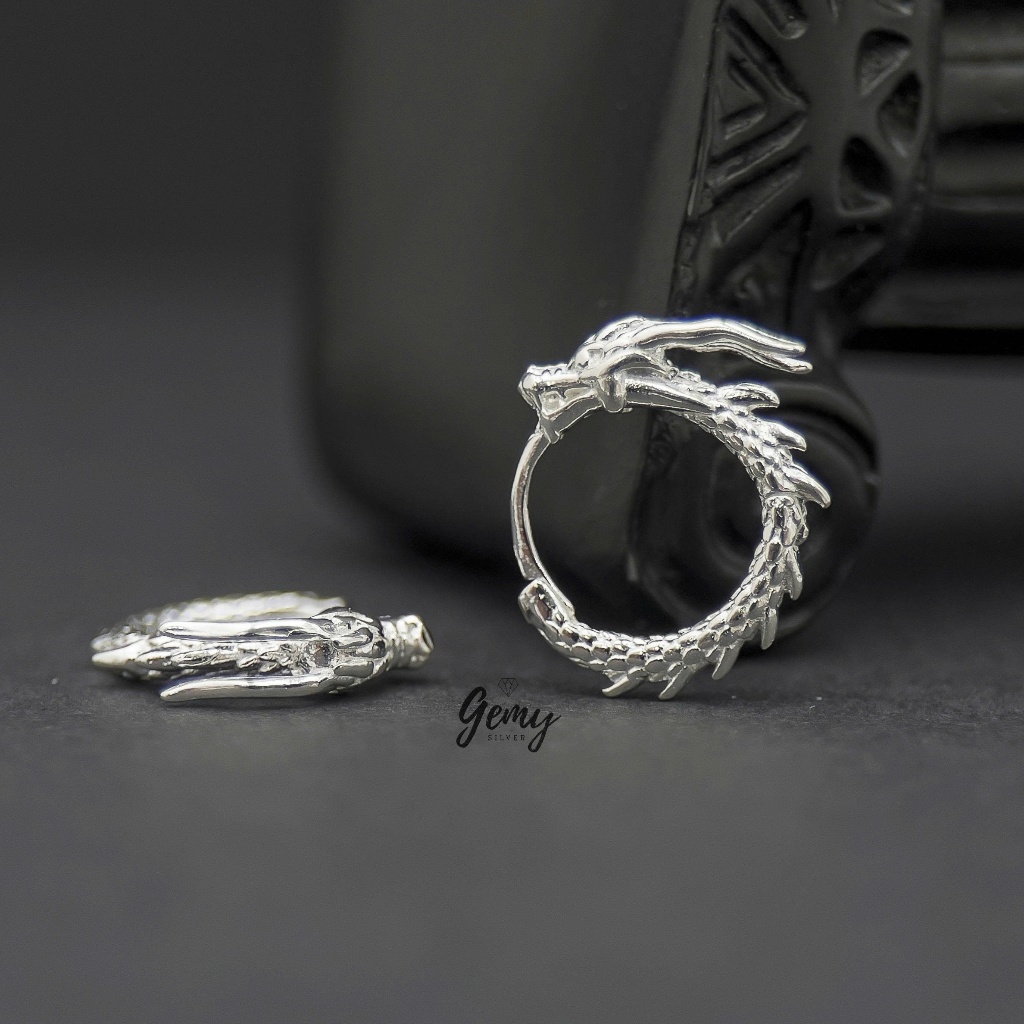 Khuyên tai tròn nam bạc 925 Dragon thiết kế chạm khắc hình rồng tỉ mỉ cực chất (1 chiếc) | GEMY SILVER KN126