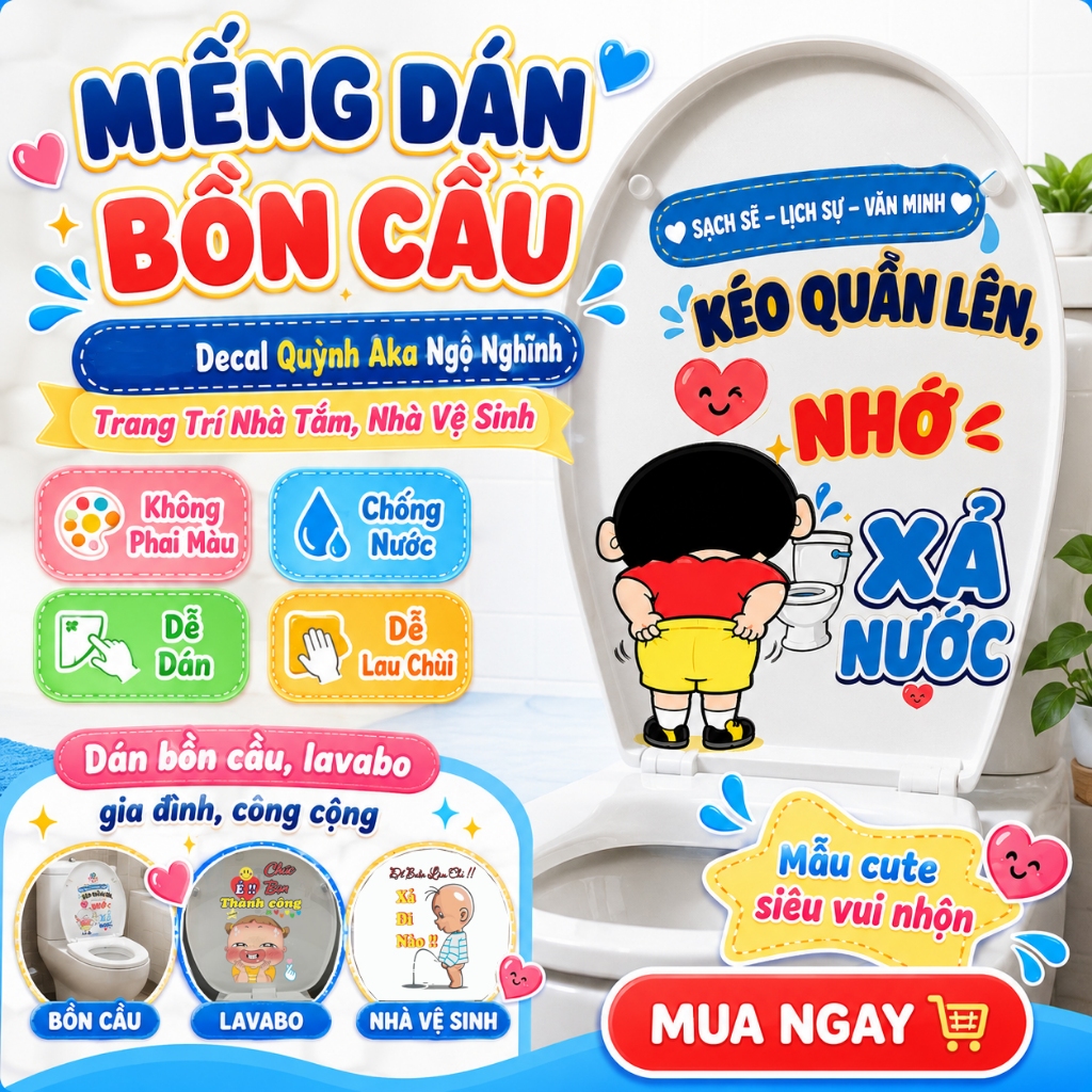 Miếng Dán Decal Trang Trí Bồn Cầu Toilet Decal Quỳnh Aka Trang Trí Nhà Tắm, Nhà Vệ Sinh Không Phai,Lababo nơi công cộng