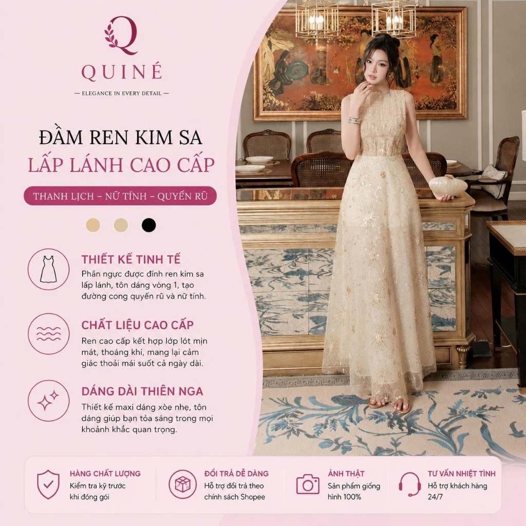 Đầm Ren Kim Sa Lấp Lánh Cao Cấp Dáng Dài Sang Trọng – Váy Dự Tiệc Nữ Tính Tôn Dáng Quyến Rũ Quiné