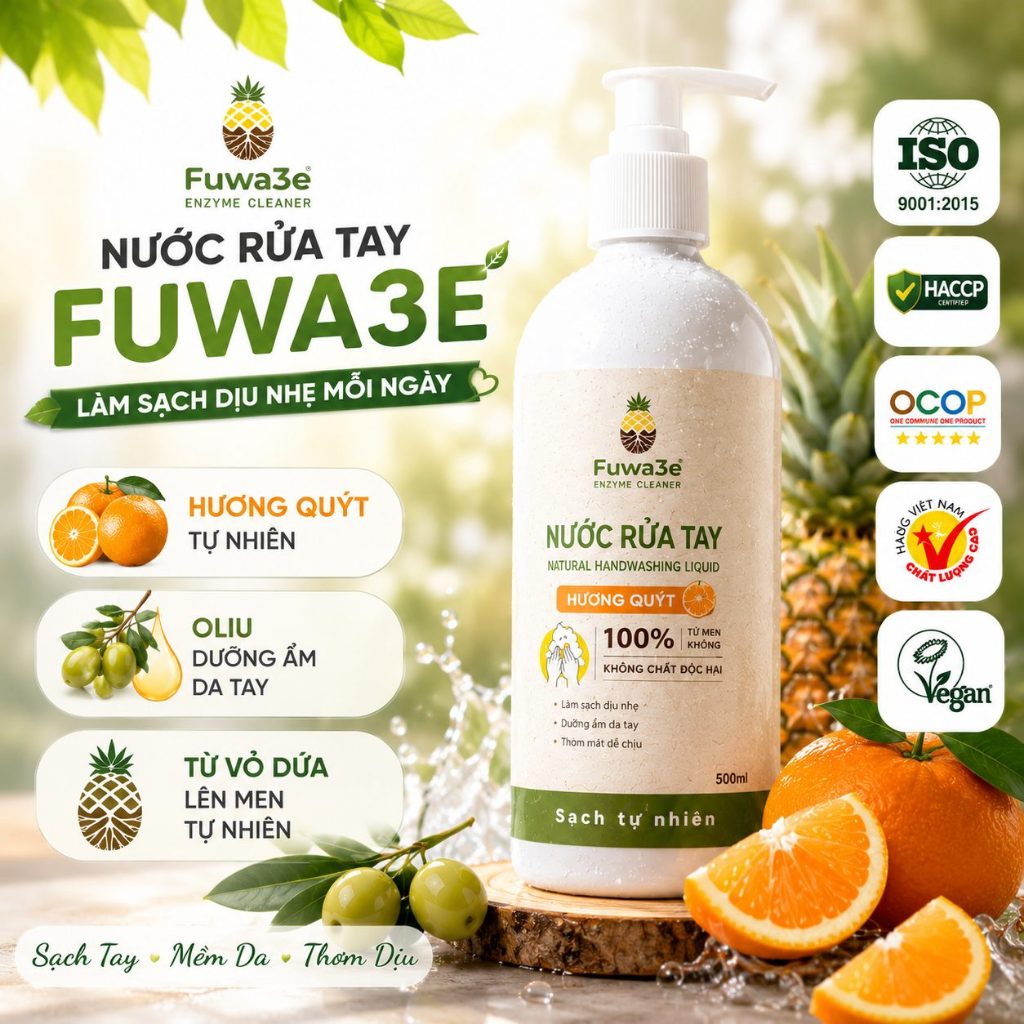 Nước Rửa Tay Hữu Cơ Fuwa3e 300ml Tinh Dầu Quýt Enzyme Sinh Học Làm Sạch Dịu Nhẹ An Toàn Cho Da Nhạy Cảm