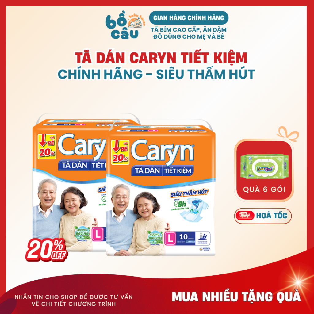 Tã/bỉm Dán Quần Caryn Tiết Kiệm ngày và đêm siêu thấm hút L10/L18 cho người già và mẹ sau sinh