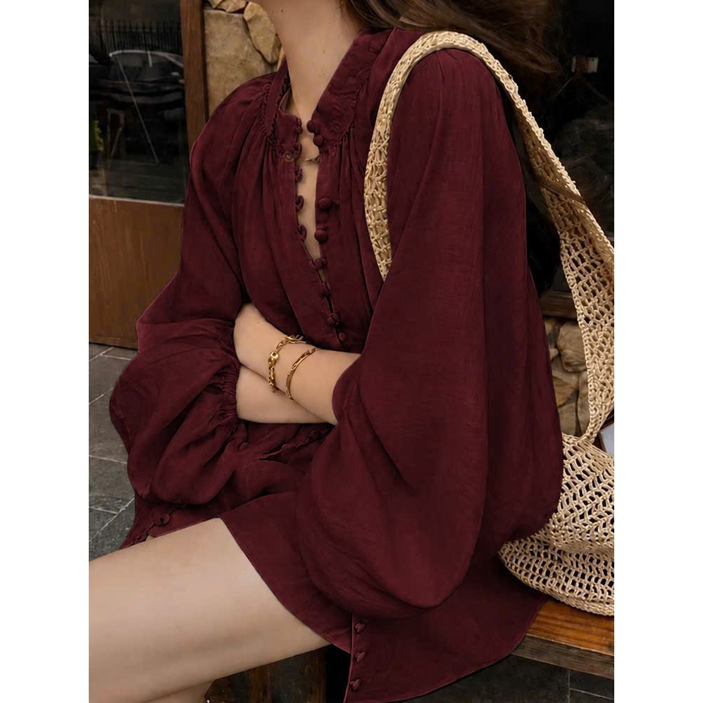 𝗞𝗮𝗻𝗲 - Set Linen Tưng vân gỗ tay phồng nút bọc cổ trụ