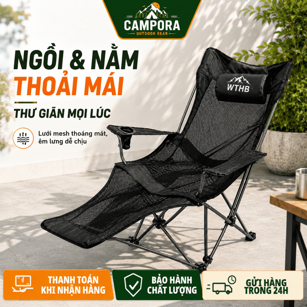 Ghế Xếp Ngoài Trời Thoáng Khí, Ghế Tựa Cắm Trại Chịu Tải 200KG, Lưới Mềm, Gấp Gọn Di Động Đa Năng